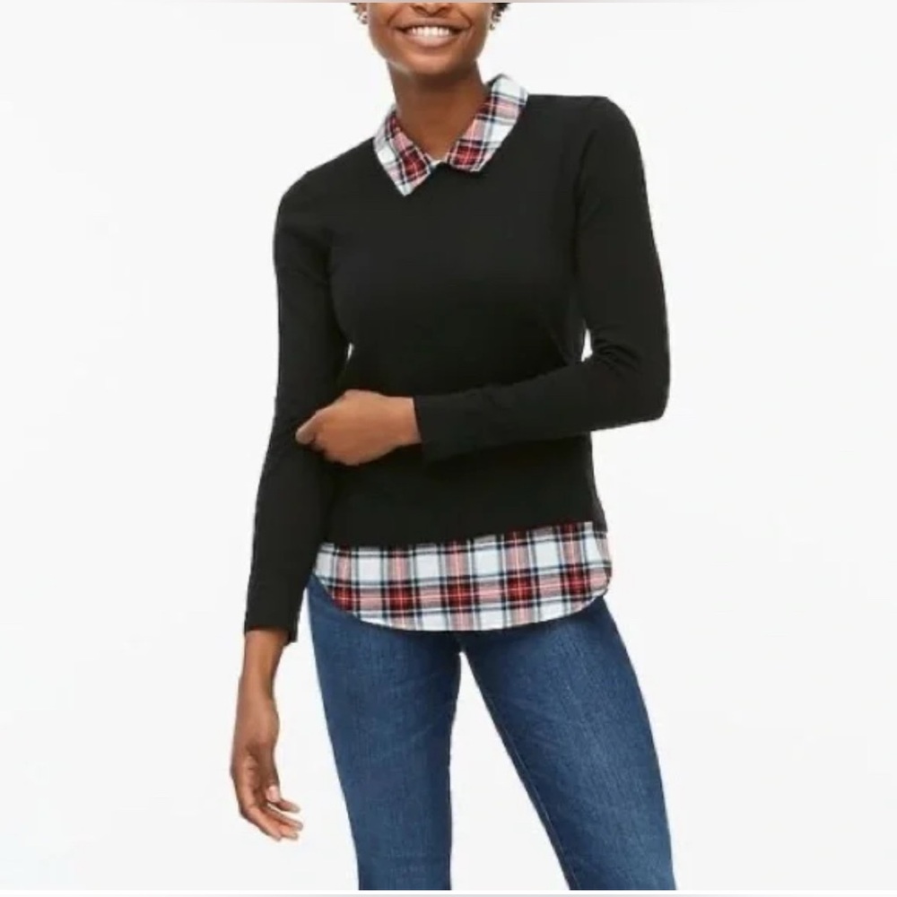 J. Crew Black Top with Red Plaid Collar